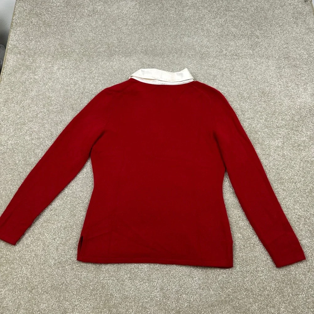 Prive Cashmere Red Silk Collar Sweater Rhinestone Button Cuff Polo Pullover M